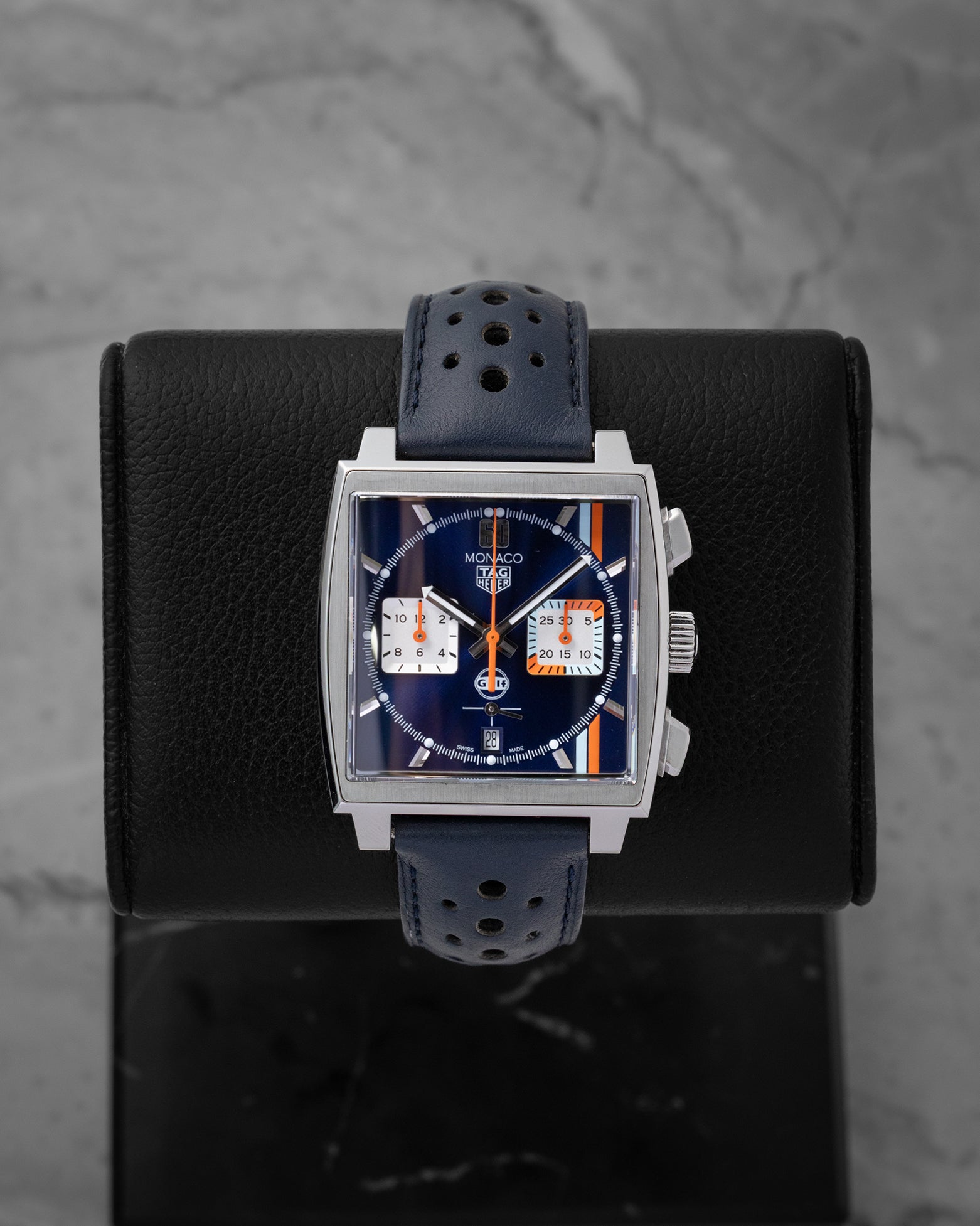Pre-owned TAG Heuer Monaco Gulf Special Edition reference CBL2115.FC6494 square automatic chronograph with iconic blue dial and Gulf orange and light blue racing stripes.