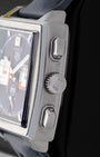 Right side profile view of the pre-owned TAG Heuer Monaco Gulf CBL2115.FC6494 featuring the winding crown, dual rectangular chronograph pushers, and bevelled sapphire crystal.