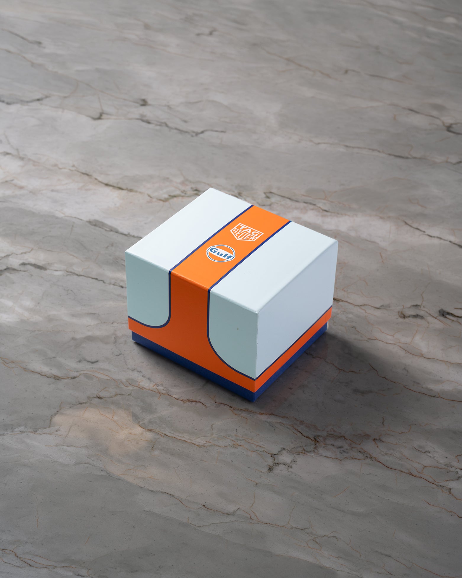 Original special edition Gulf racing livery packaging box included with the pre-owned TAG Heuer Monaco Gulf CBL2115.FC6494.