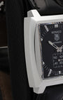 Side profile view of the 37mm square stainless steel case on a TAG Heuer Monaco Calibre 6