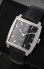 Angled view of TAG Heuer Monaco WW2110 highlighting the square stainless steel case and sub-second register