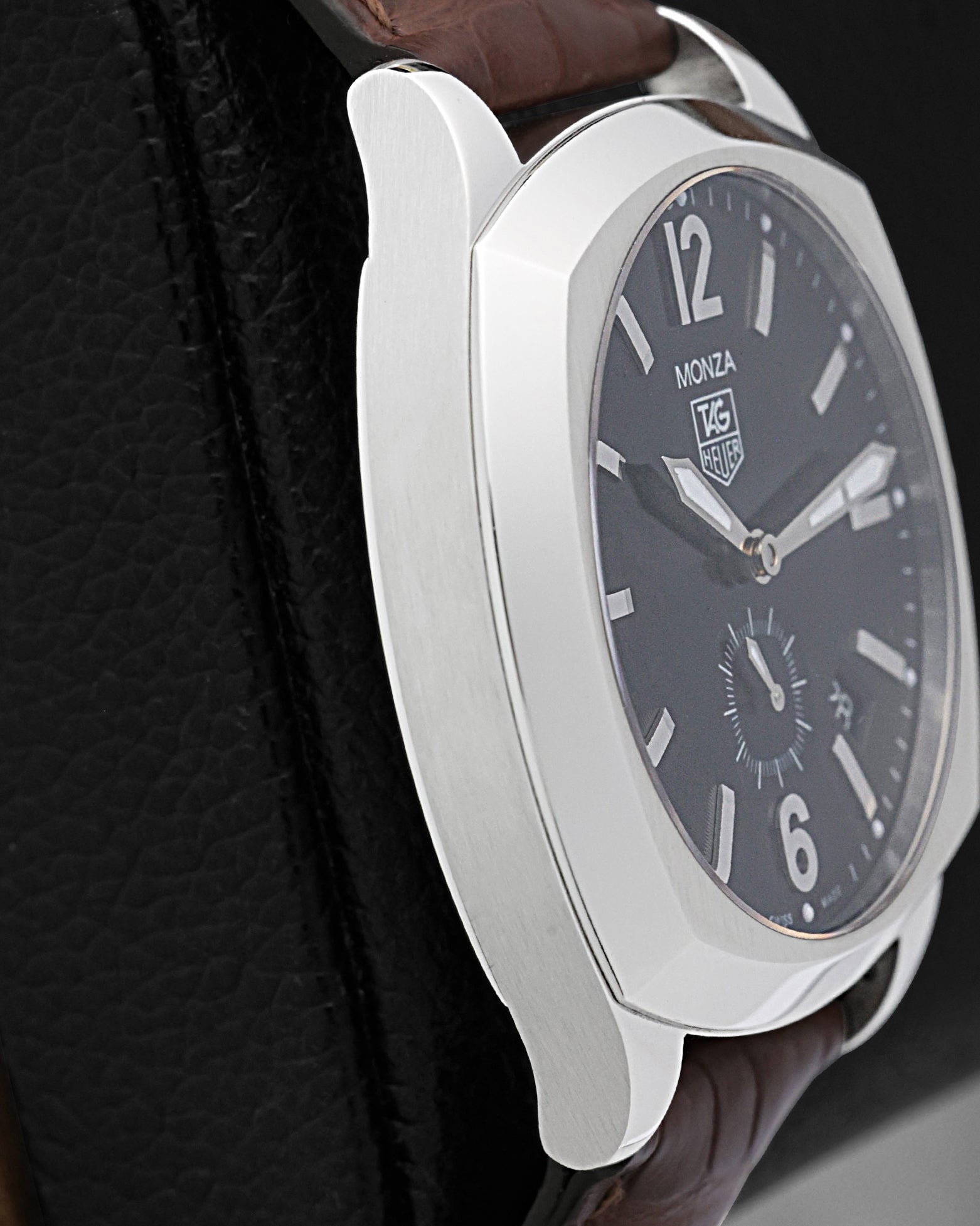 Side profile view of the 38mm stainless steel cushion case on the 2003 TAG Heuer Monza Calibre 6 WR2110