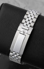 Rear view of the five-link stainless steel watch bracelet showing the folding safety deployment clasp featuring the integrated Tudor T-fit micro-adjustment mechanism