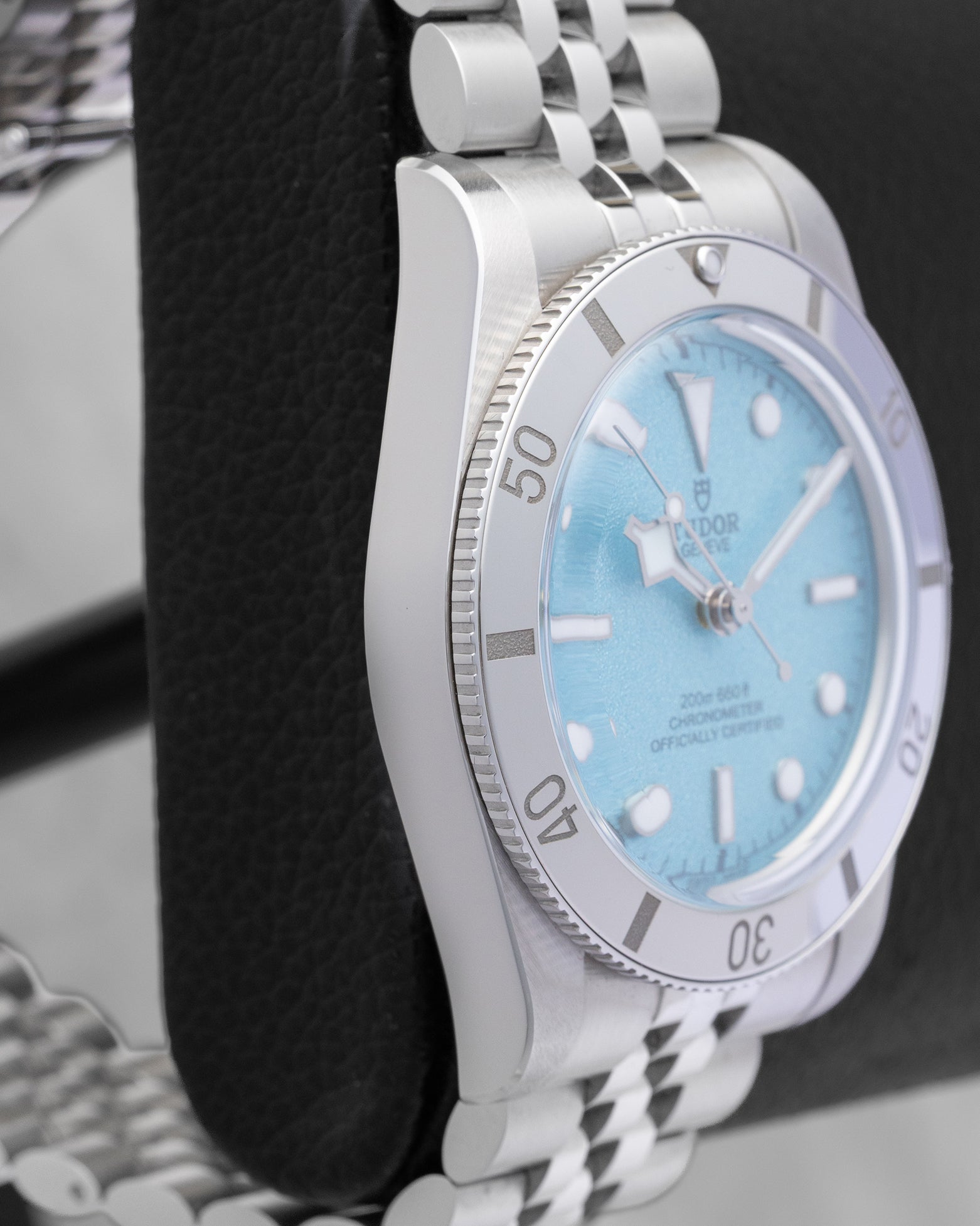 left-side case profile view of a 37mm stainless steel Tudor Black Bay 54 "Daring Watches" edition resting on a presentation block