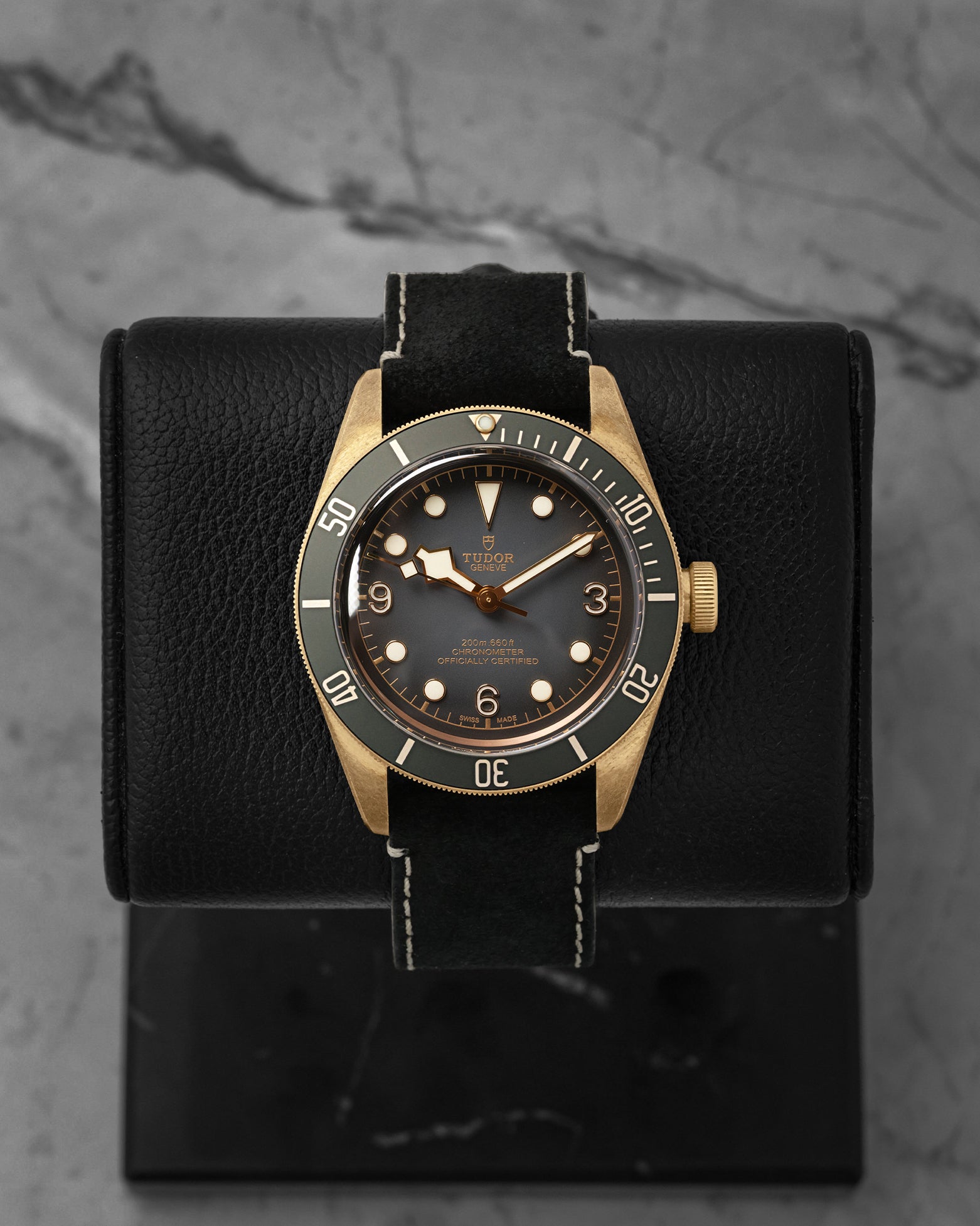 Front watch portrait of a pre-owned 2024 Tudor Black Bay Bronze Ref 79250BA-0001 featuring a slate grey dial and matching slate grey bezel, available at Noahs Fine Watches and Jewelry Dallas