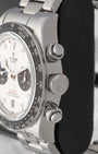 Close-up right profile view of the steel Tudor Black Bay Chrono case highlighting the screw-down crown and knurled chronograph pushers