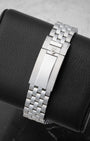 Rear studio view of the stainless steel five-link watch bracelet and secure folding safety clasp with T-fit micro-adjustment system