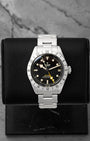 Pre-owned Tudor Black Bay Pro GMT reference 79470 with 39mm steel case, fixed 24-hour bezel, and yellow snowflake GMT hand at Noah's Fine Watches & Jewelry in Dallas, Texas