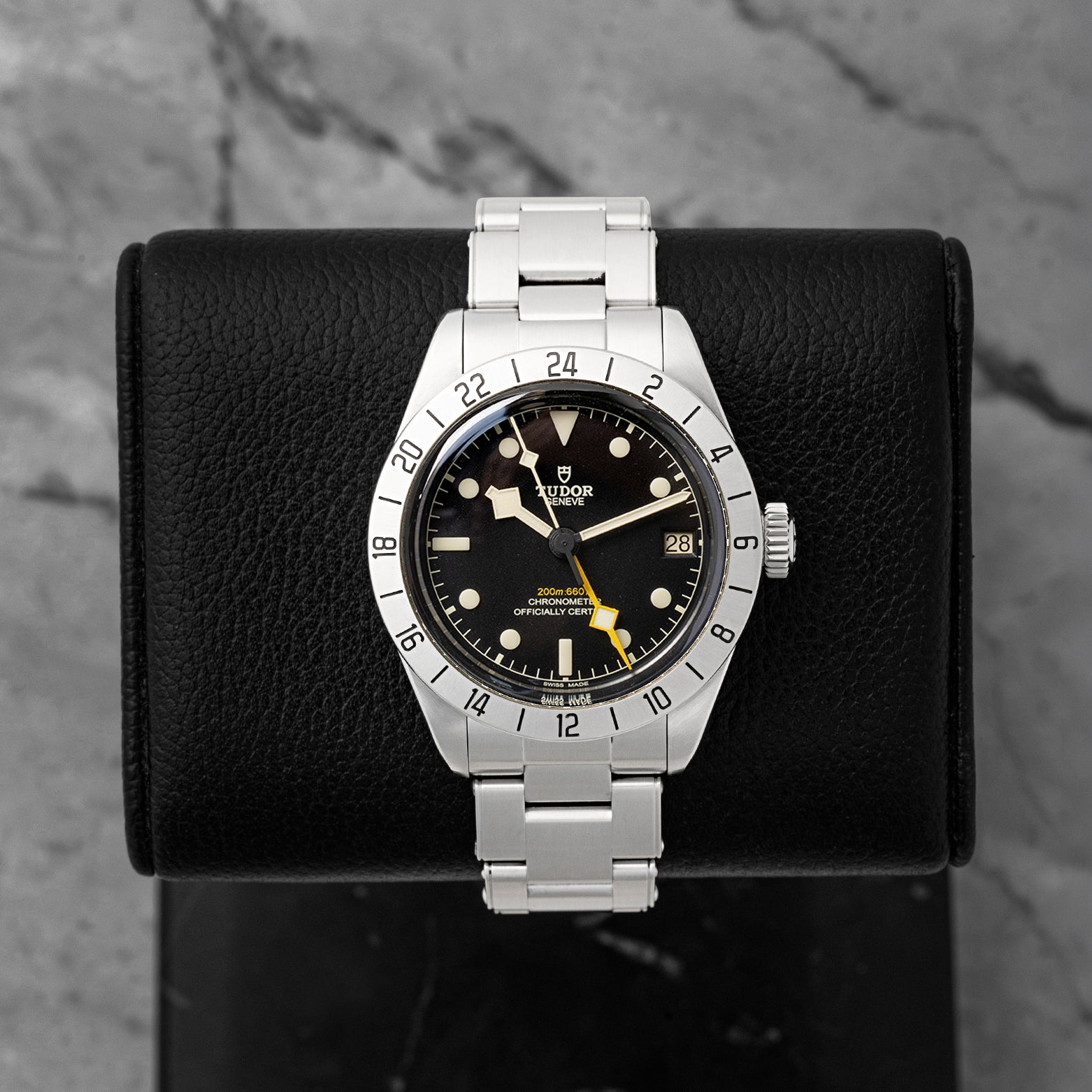 Pre-owned Tudor Black Bay Pro GMT reference 79470 with 39mm steel case, fixed 24-hour bezel, and yellow snowflake GMT hand at Noah's Fine Watches & Jewelry in Dallas, Texas