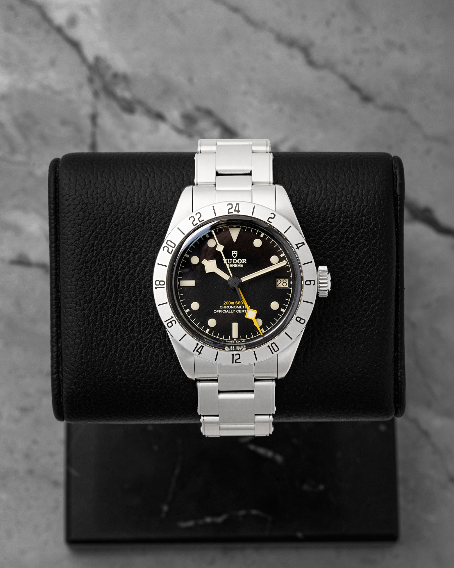 Pre-owned Tudor Black Bay Pro GMT reference 79470 with 39mm steel case, fixed 24-hour bezel, and yellow snowflake GMT hand at Noah's Fine Watches & Jewelry in Dallas, Texas