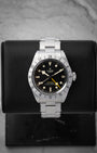 Pre owned 2023 Tudor Black Bay Pro 79470 39mm steel GMT watch with yellow snowflake hand at Noah's Fine Watches Dallas