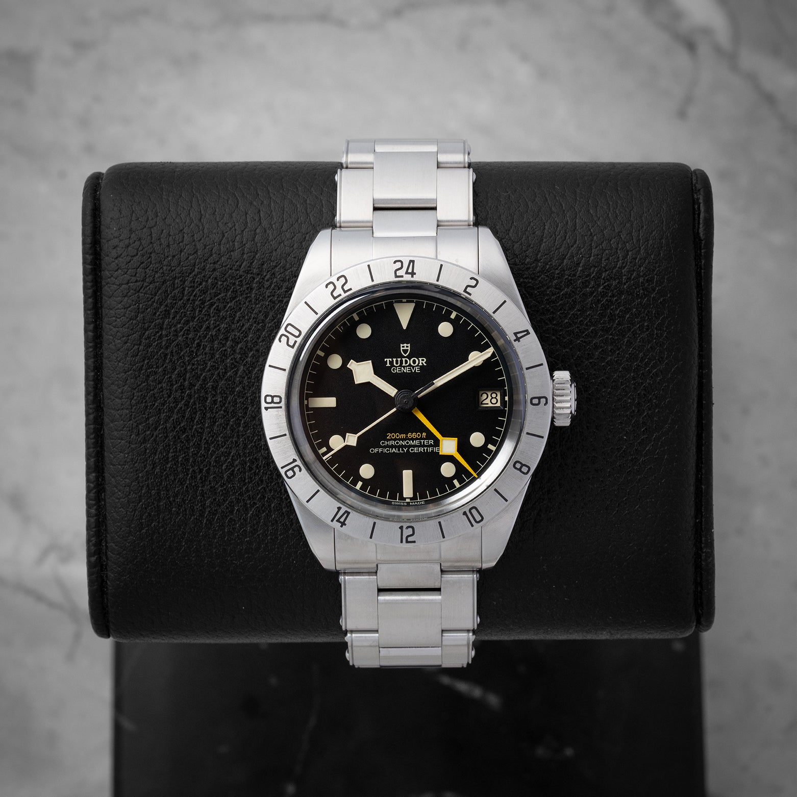 Pre owned 2023 Tudor Black Bay Pro 79470 39mm steel GMT watch with yellow snowflake hand at Noah's Fine Watches Dallas