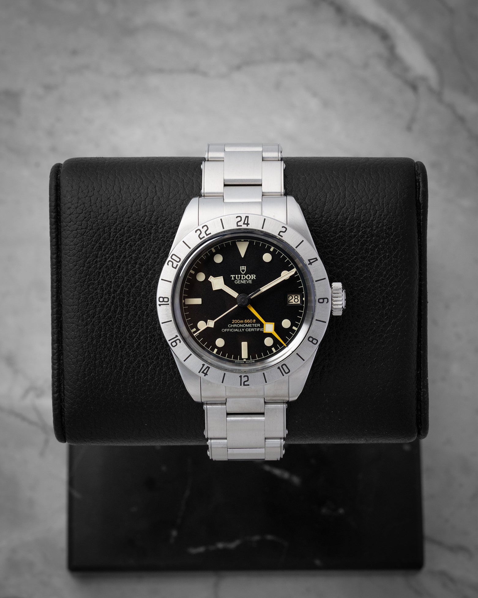 Pre owned 2023 Tudor Black Bay Pro 79470 39mm steel GMT watch with yellow snowflake hand at Noah's Fine Watches Dallas
