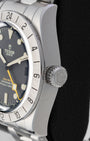 Side profile view of 39mm stainless steel case showing the large screw-down crown with Tudor rose logo on reference 79470
