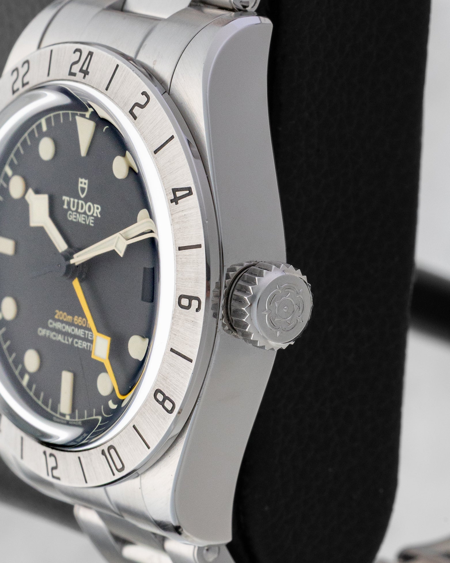 Side profile view of 39mm stainless steel case showing the large screw-down crown with Tudor rose logo on reference 79470