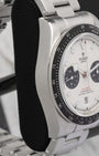 left non-crown profile view of the Tudor Black Bay Chrono watch highlighting the high-polish case flanks and satin-brushed lug tops