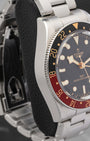left non-crown profile view of the Tudor Black Bay 58 GMT watch showcasing its slimmed down case geometry and polished flanks