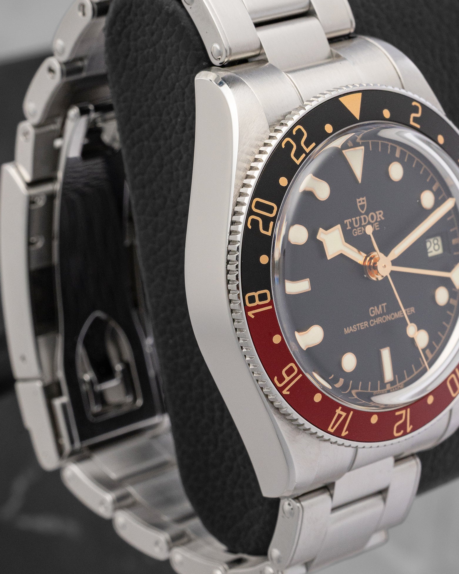 left non-crown profile view of the Tudor Black Bay 58 GMT watch showcasing its slimmed down case geometry and polished flanks
