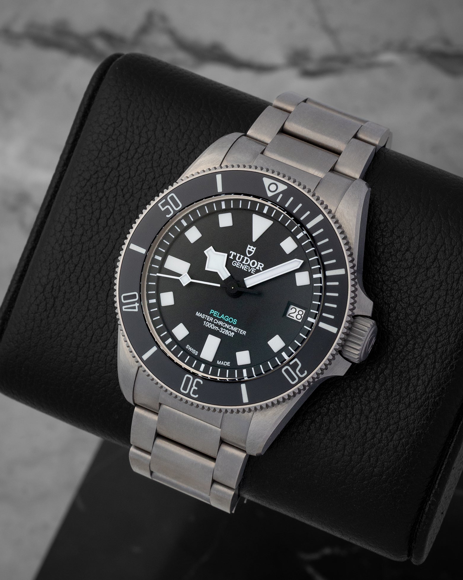 Front angled view of the titanium Tudor Pelagos Ultra 43mm automatic diver watch at Noah's Fine Watches in Dallas