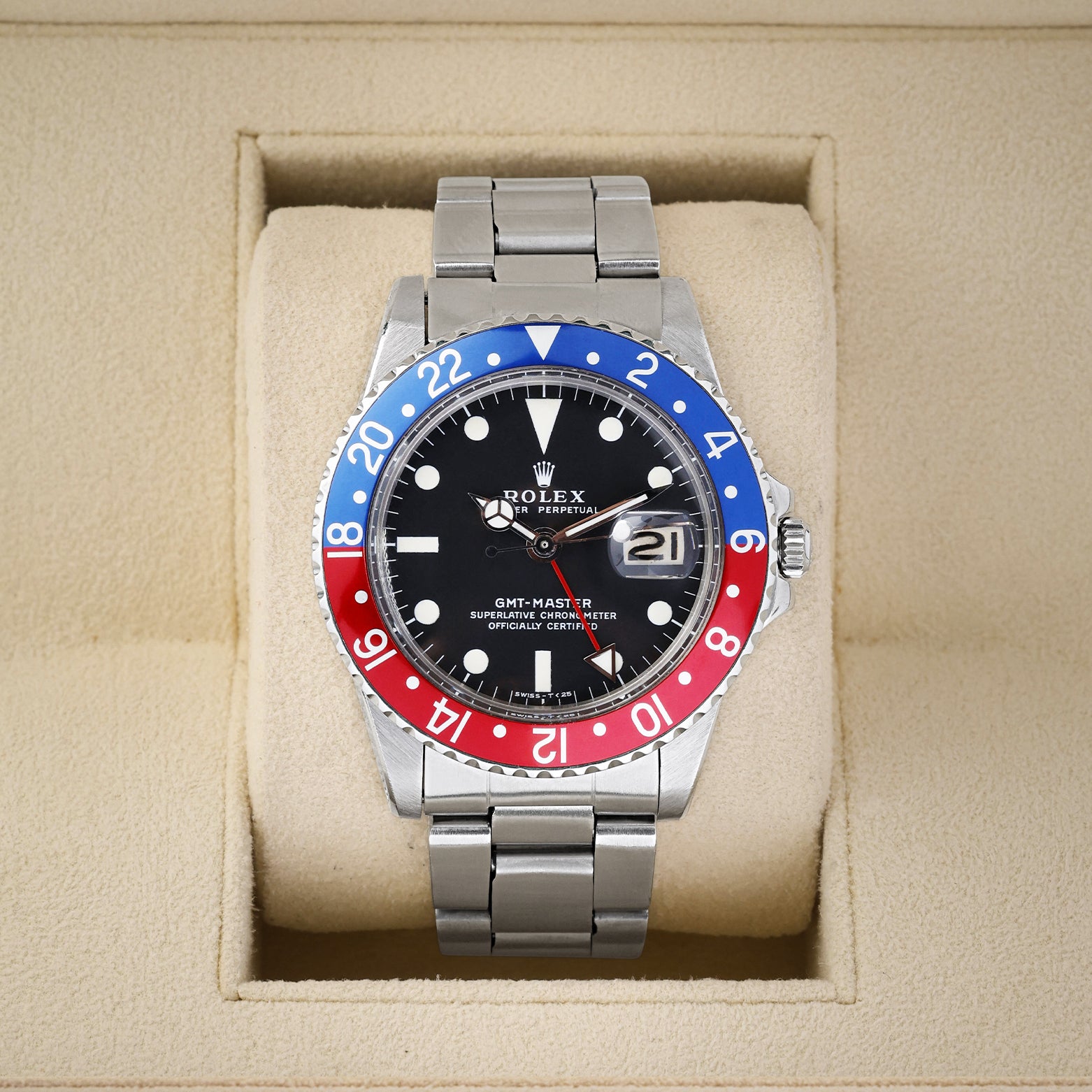 Vintage 1966 Rolex GMT-Master 1675 stainless steel watch with aged red and blue Pepsi bezel and matte black dial at Noah's Fine Watches and Jewelry Dallas Texas