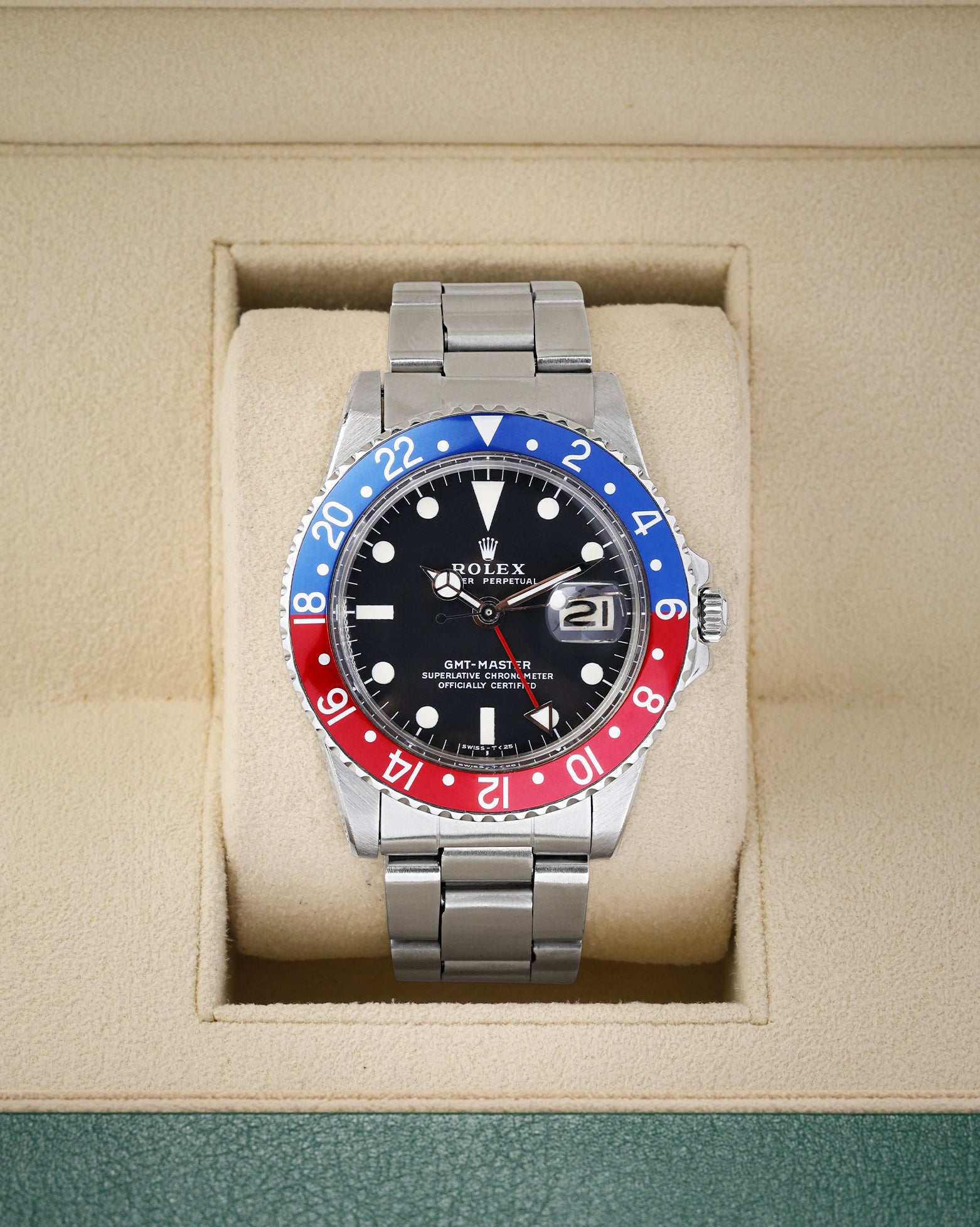 Vintage 1966 Rolex GMT-Master 1675 stainless steel watch with aged red and blue Pepsi bezel and matte black dial at Noah's Fine Watches and Jewelry Dallas Texas