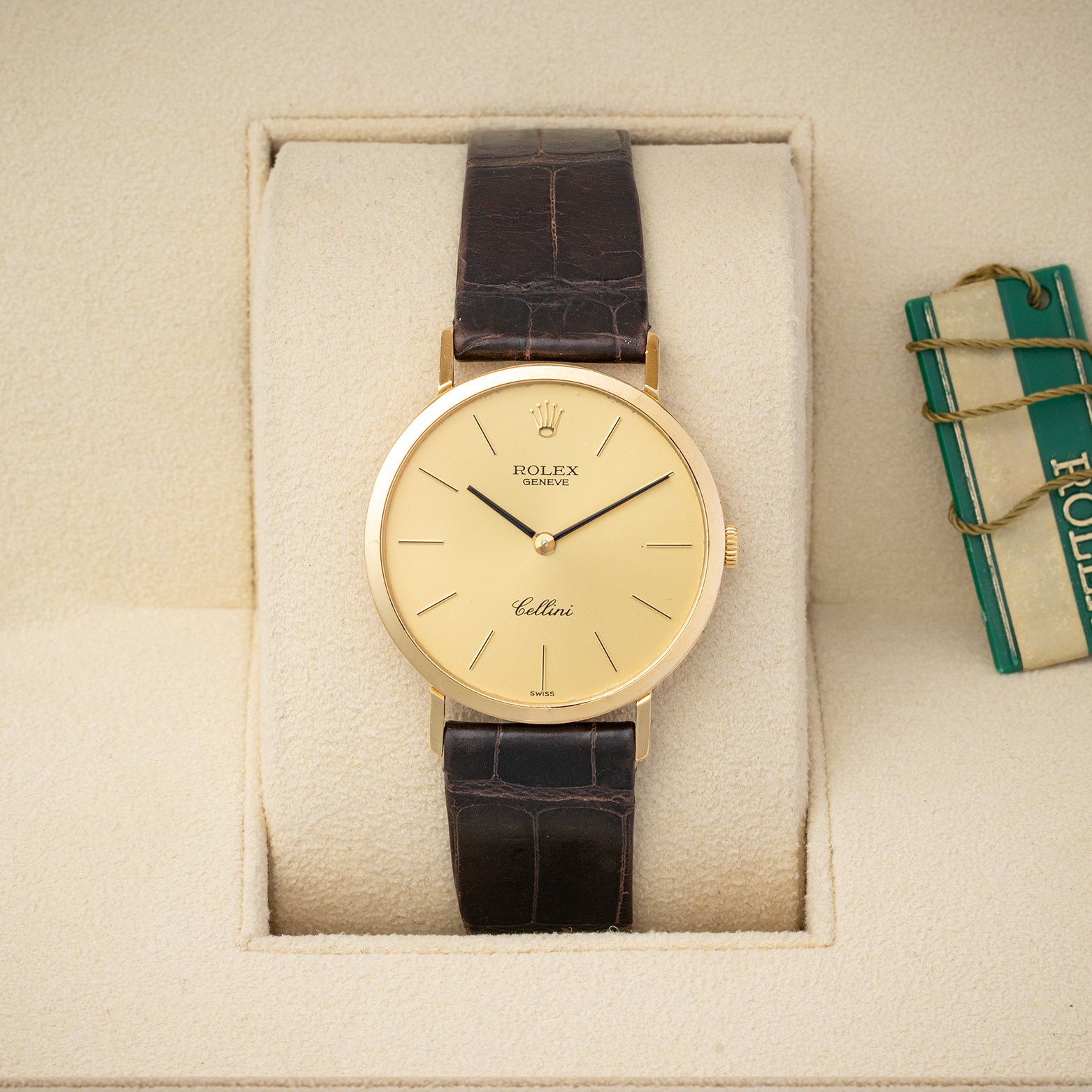 Vintage 1980 Rolex Cellini reference 4112 in 18k yellow gold with champagne dial and leather strap at Noah's Fine Watches & Jewelry in Dallas, Texas
