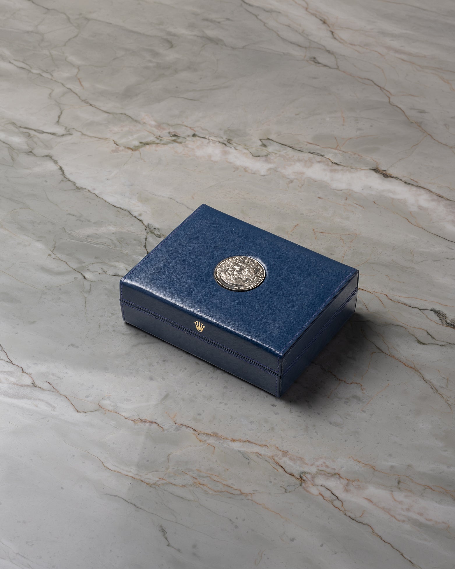Original vintage blue leather Rolex Cellini presentation box with gold crest logo