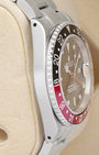 Side profile view of the polished and brushed stainless steel case on the non-crown side of a neo-vintage Rolex GMT-Master II 16710
