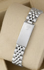 Rear view of the vintage stainless steel multi-link Jubilee bracelet showing the traditional folding deployment box clasp stamped with the Rolex crown coronet logo