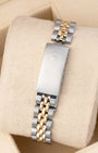 Rear view of the vintage two-tone steel and yellow gold Jubilee bracelet showing the stainless steel folding deployment clasp stamped with the Rolex crown coronet logo